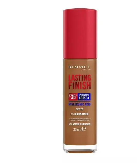 Rimmel London, Lasting Finish 35H, 507 Warm Cinnamon, fondotinta, lunga tenuta, idratante, formula vegana, alta coprenza, 30ml