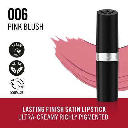 Rimmel Lasting Finish, 006 Pink Blush, Rossetto Satinato, Lunga Durata, Finish Satinato, Ricco Colore, Idratante, Formula Vegana, 4g