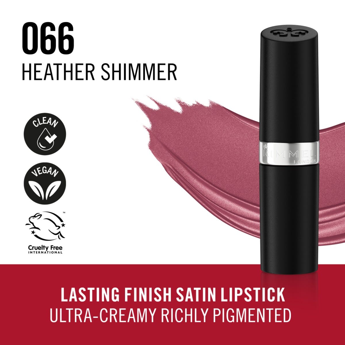 Rimmel Lasting Finish, 066 Heather Shimmer, Rossetto Satinato, Lunga Durata, Finish Satinato, Ricco Colore, Idratante, Formula Vegana, 4g