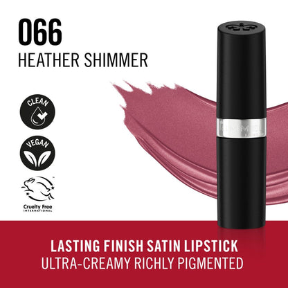 Rimmel Lasting Finish, 066 Heather Shimmer, Rossetto Satinato, Lunga Durata, Finish Satinato, Ricco Colore, Idratante, Formula Vegana, 4g