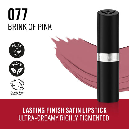 Rimmel Lasting Finish, 077 Brink Of Pink, Rossetto Satinato, Lunga Durata, Finish Satinato, Ricco Colore, Idratante, Formula Vegana, 4g