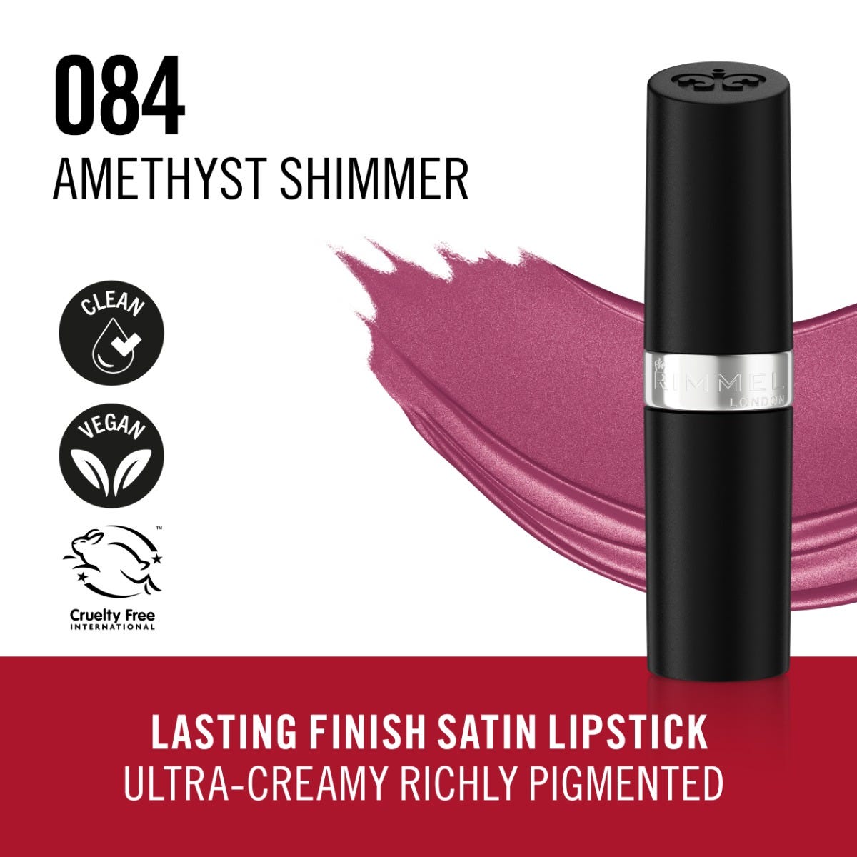 Rimmel Lasting Finish, 084 Amethyst Shimmer, Rossetto Satinato, Lunga Durata, Finish Satinato, Ricco Colore, Idratante, Formula Vegana, 4g