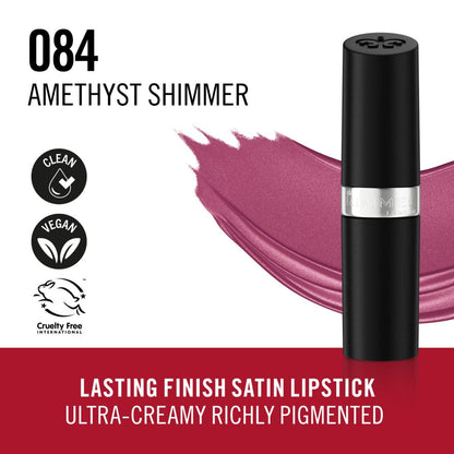 Rimmel Lasting Finish, 084 Amethyst Shimmer, Rossetto Satinato, Lunga Durata, Finish Satinato, Ricco Colore, Idratante, Formula Vegana, 4g