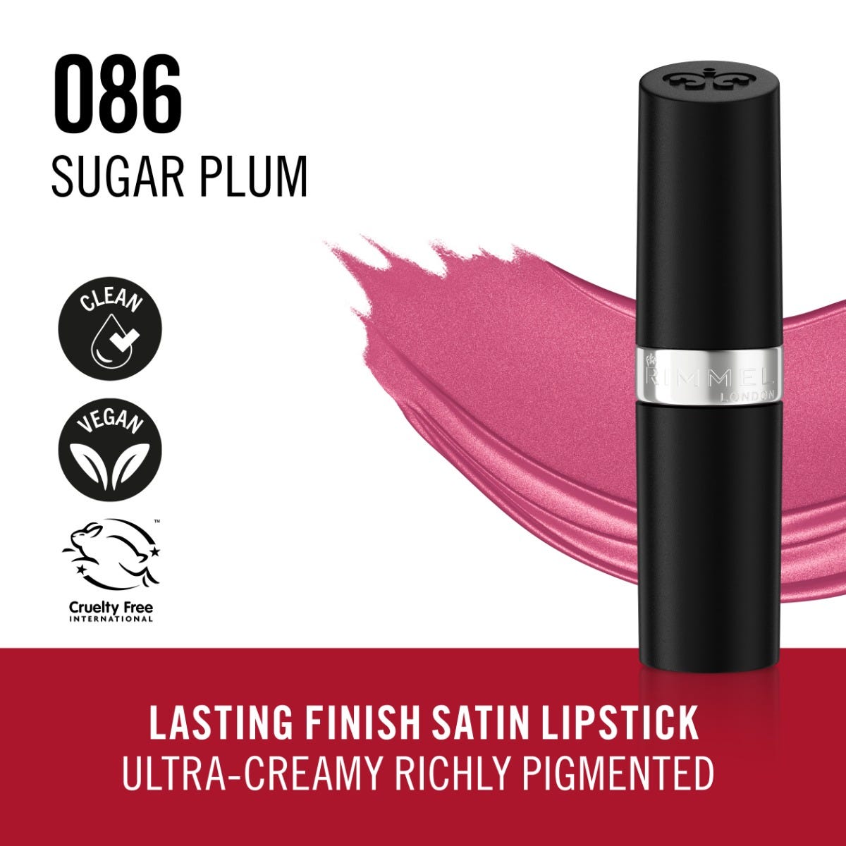 Rimmel Lasting Finish, 086 Sugar Plum, Rossetto Satinato, Lunga Durata, Finish Satinato, Ricco Colore, Idratante, Formula Vegana, 4g