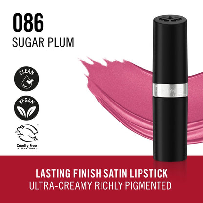 Rimmel Lasting Finish, 086 Sugar Plum, Rossetto Satinato, Lunga Durata, Finish Satinato, Ricco Colore, Idratante, Formula Vegana, 4g