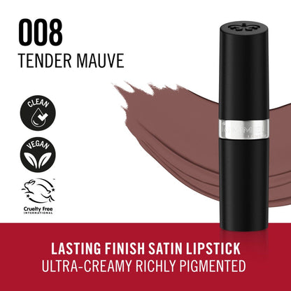 Rimmel Lasting Finish, 008 Tender Mauve, Rossetto Satinato, Lunga Durata, Finish Satinato, Ricco Colore, Idratante, Formula Vegana, 4g