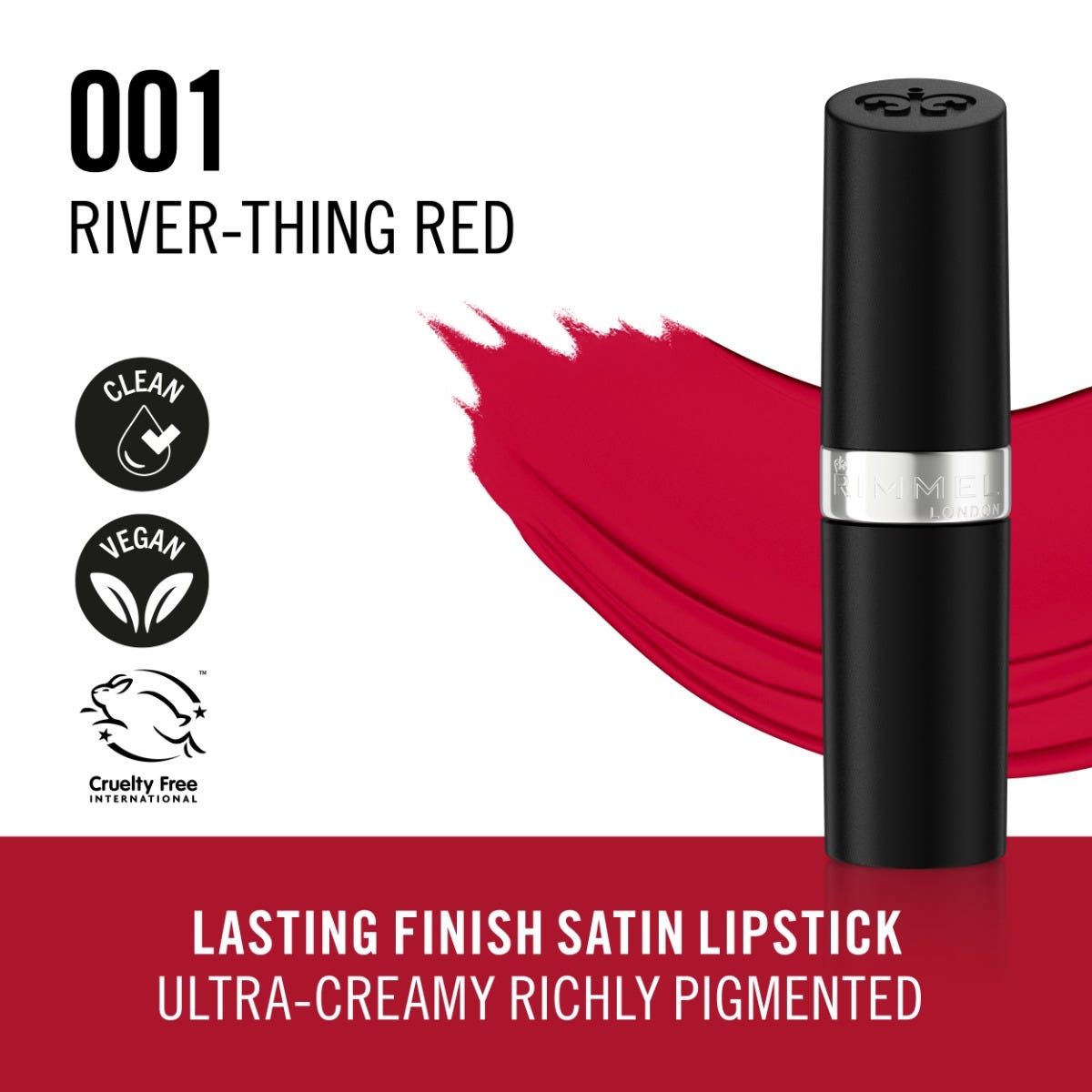 Rimmel Lasting Finish, 001 River-Ting Red, Rossetto Satinato, Lunga Durata, Finish Satinato, Ricco Colore, Idratante, Formula Vegana, 4g