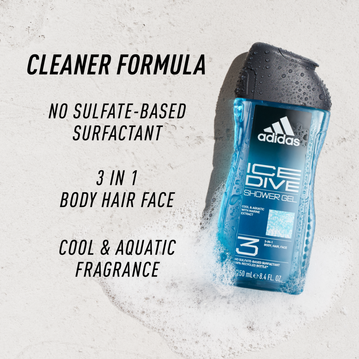 Adidas, Ice Dive Gel Doccia Bagnoschiuma 3 in 1 per Corpo, Capelli e Viso, Formula Vegana, 250ml