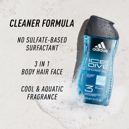 Adidas, Ice Dive Gel Doccia Bagnoschiuma 3 in 1 per Corpo, Capelli e Viso, Formula Vegana, 250ml