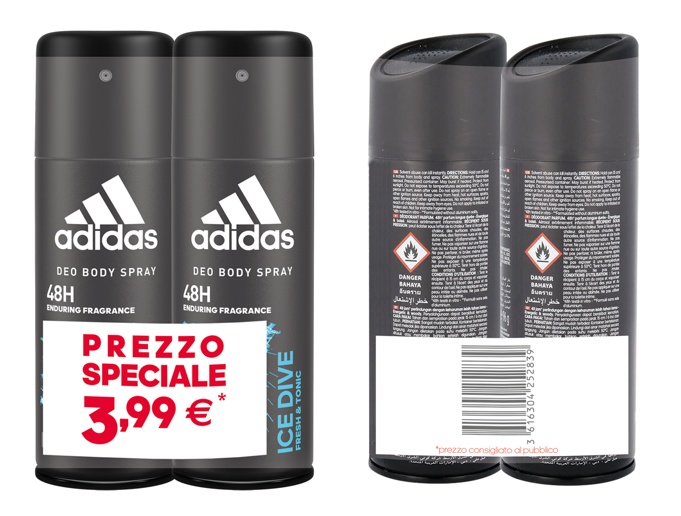 Adidas Ice Dive Deo Body Spray, Deodorante Uomo, Freschezza Intensa fino a 48 Ore, Antitraspirante, Senza Alcool e Sali di Alluminio, 2 Flaconi da 150 ml