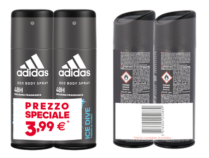Adidas Ice Dive Deo Body Spray, Deodorante Uomo, Freschezza Intensa fino a 48 Ore, Antitraspirante, Senza Alcool e Sali di Alluminio, 2 Flaconi da 150 ml