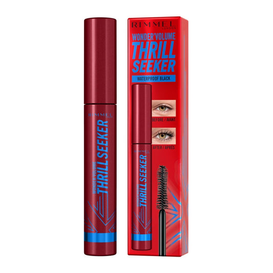 Rimmel London Wonder'Volume Thrill Seeker, 001 Nero, Mascara Impermeabile, Mascara Volumizzante, A Prova di Sbavature, A Prova di Grumi, A Prova di Scaglie, Durata di 24-Ore, 8ml