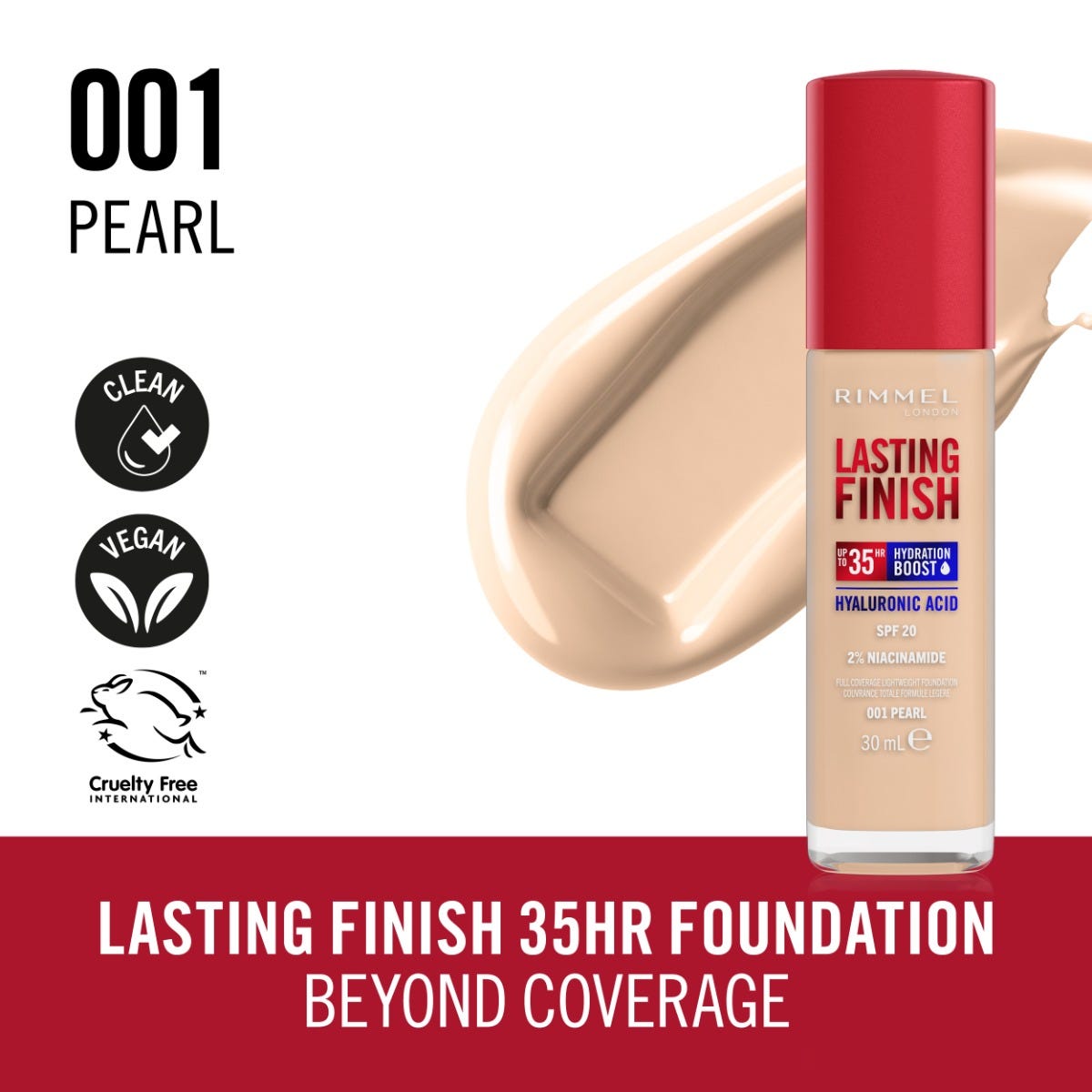 Rimmel London, Lasting Finish 35H, 001 Pearl, fondotinta, lunga tenuta, idratante, formula vegana, alta coprenza, 30ml