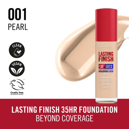 Rimmel London, Lasting Finish 35H, 001 Pearl, fondotinta, lunga tenuta, idratante, formula vegana, alta coprenza, 30ml