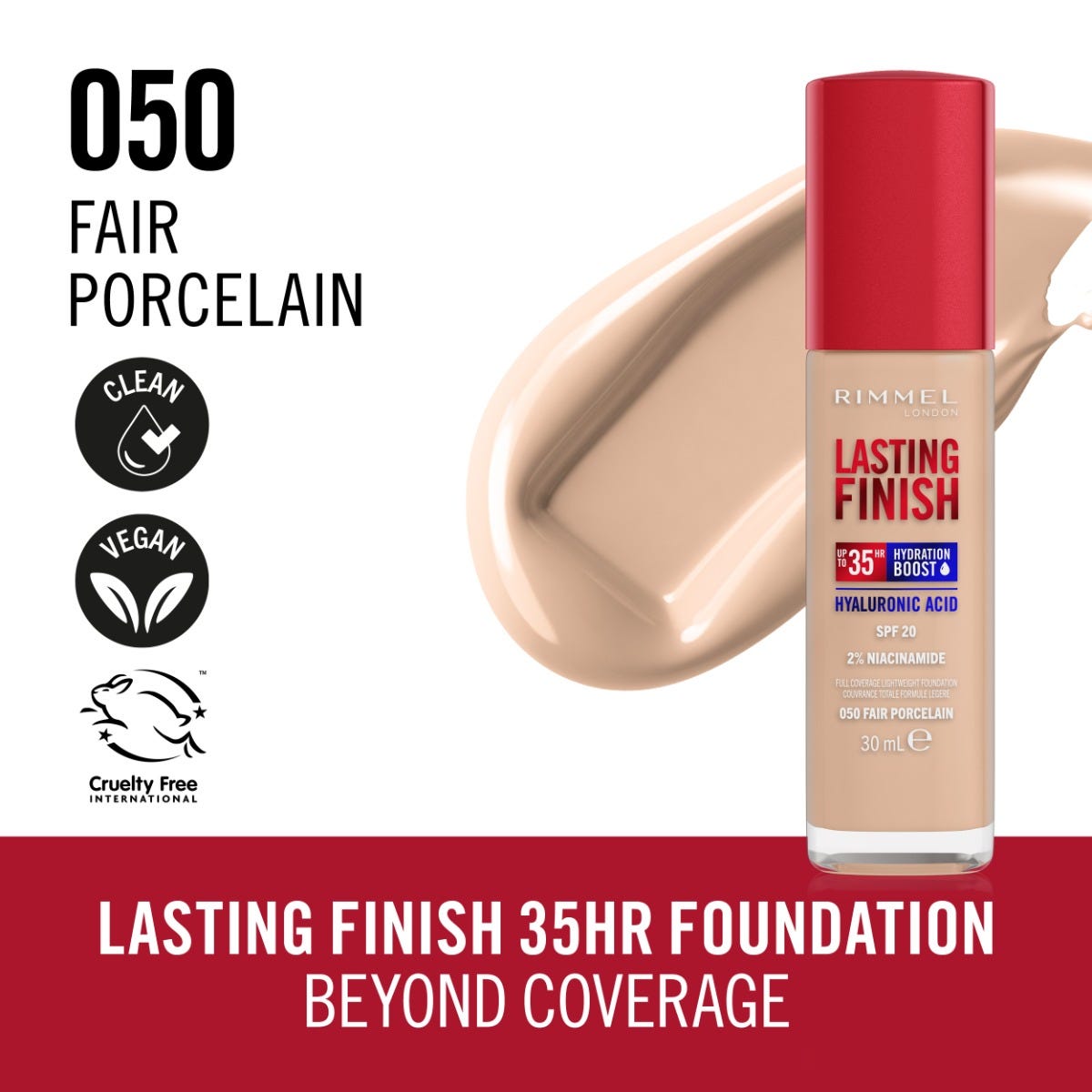 Rimmel London, Lasting Finish 35H,050 Fair Porcelain, fondotinta, lunga tenuta, idratante, formula vegana, alta coprenza, 30ml