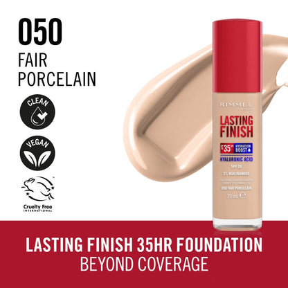Rimmel London, Lasting Finish 35H,050 Fair Porcelain, fondotinta, lunga tenuta, idratante, formula vegana, alta coprenza, 30ml