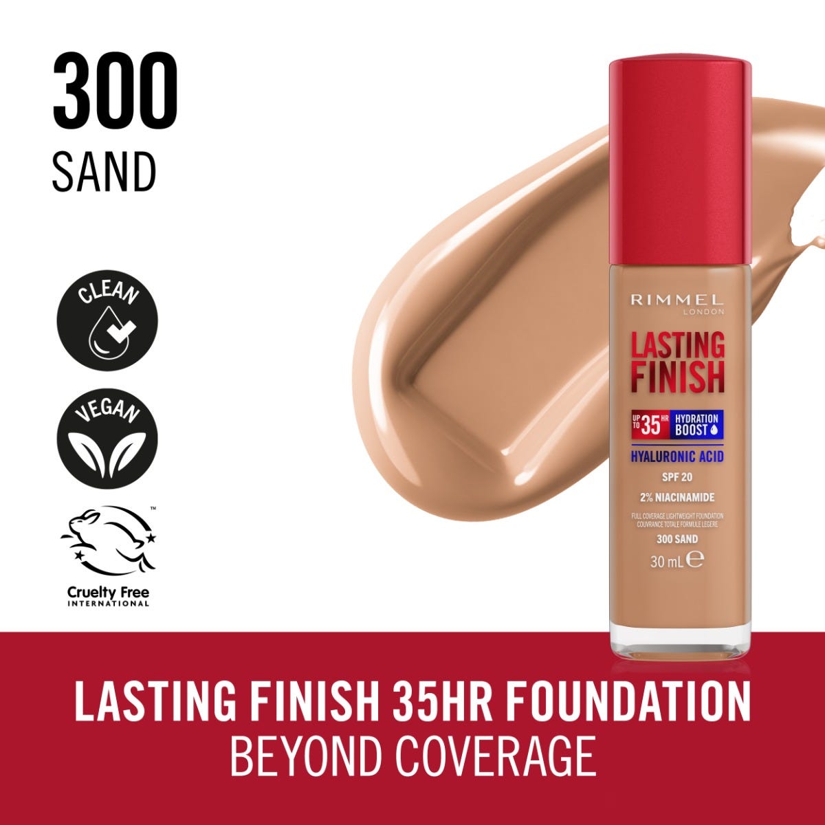 Rimmel London, Lasting Finish 35H, 300 Sand, fondotinta, lunga tenuta, idratante, formula vegana, alta coprenza, 30ml
