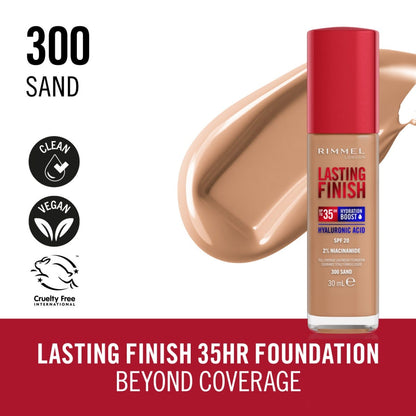 Rimmel London, Lasting Finish 35H, 300 Sand, fondotinta, lunga tenuta, idratante, formula vegana, alta coprenza, 30ml