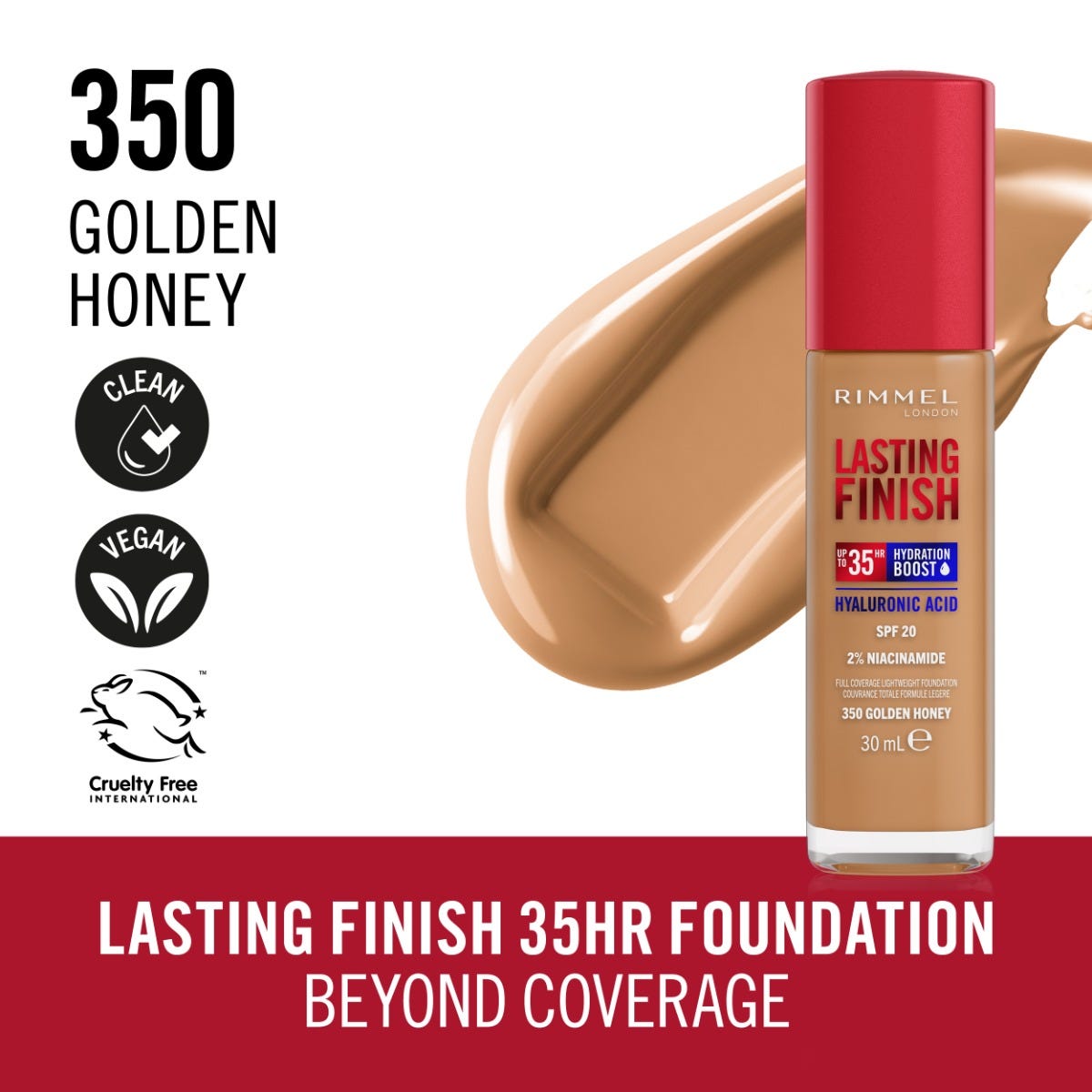 Rimmel London, Lasting Finish 35H, 350 Golden Honey, fondotinta, lunga tenuta, idratante, formula vegana, alta coprenza, 30ml