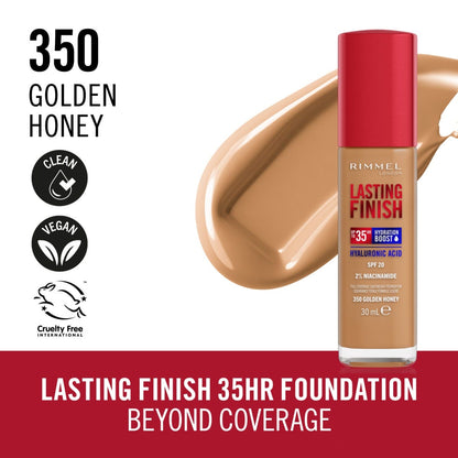 Rimmel London, Lasting Finish 35H, 350 Golden Honey, fondotinta, lunga tenuta, idratante, formula vegana, alta coprenza, 30ml
