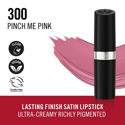 Rimmel Lasting Finish, 300 Pinch Me Pink, Rossetto Satinato, Lunga Durata, Finish Satinato, Ricco Colore, Idratante, Formula Vegana, 4g