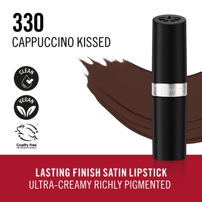 Rimmel Lasting Finish, 330 Cappuccino Kissed, Rossetto Satinato, Lunga Durata, Finish Satinato, Ricco Colore, Idratante, Formula Vegana, 4g