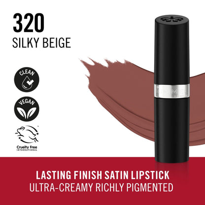 Rimmel Lasting Finish, 320 Silky Beige, Rossetto Satinato, Lunga Durata, Finish Satinato, Ricco Colore, Idratante, Formula Vegana, 4g