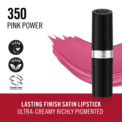 Rimmel Lasting Finish, 350 Pink Power, Rossetto Satinato, Lunga Durata, Finish Satinato, Ricco Colore, Idratante, Formula Vegana, 4g