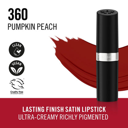 Rimmel Lasting Finish, 360 Pumpkin Peach, Rossetto Satinato, Lunga Durata, Finish Satinato, Ricco Colore, Idratante, Formula Vegana, 4g