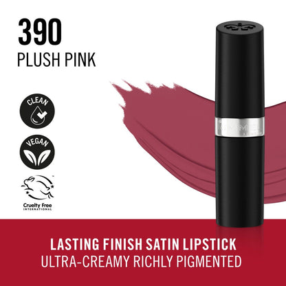Rimmel Lasting Finish, 390 Plush Pink, Rossetto Satinato, Lunga Durata, Finish Satinato, Ricco Colore, Idratante, Formula Vegana, 4g