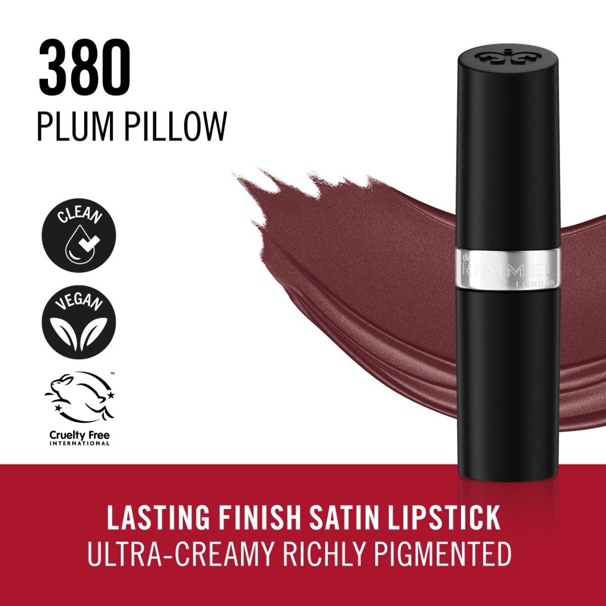 Rimmel Lasting Finish, 380 Plum Pillow, Rossetto Satinato, Lunga Durata, Finish Satinato, Ricco Colore, Idratante, Formula Vegana, 4g