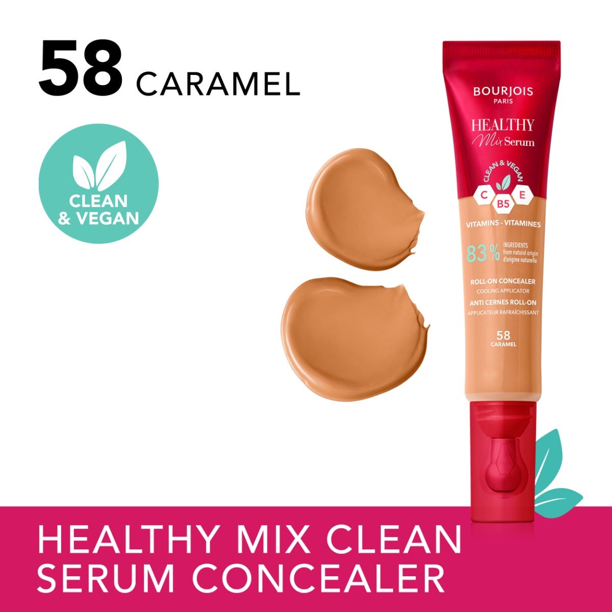 Bourjois Healthy Mix 2-in-1 Correttore in siero, Leviga nel tempo rughe e segni d’espressione, Rinfresca la zona del contorno occhi, con Caffeina, Vitamine C, E e B5, Vegano, Applicatore rinfrescante, Caramel, 11 ml