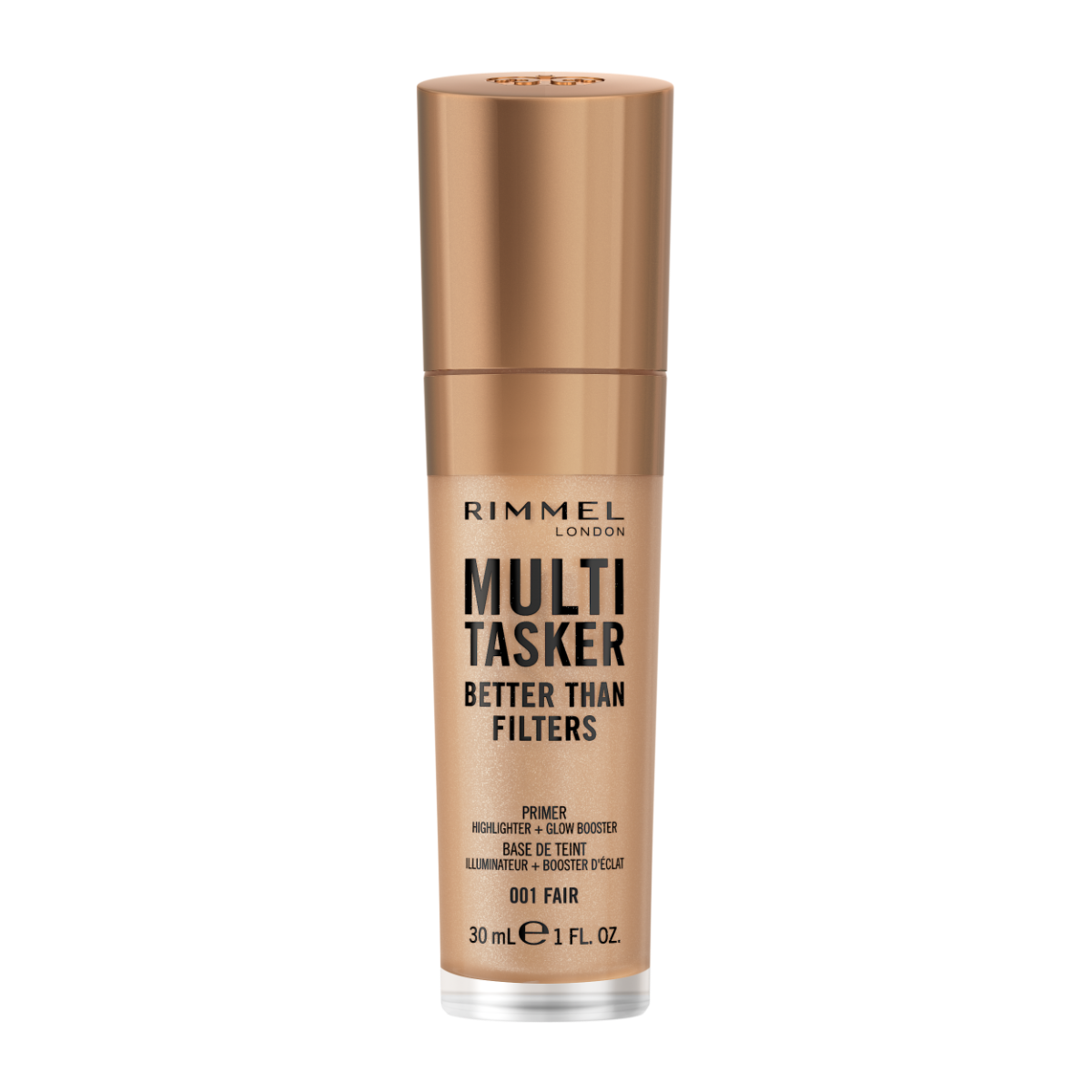 Rimmel Multi-Tasker Better Than Filters, 001 Fair, Primer Viso, Glow Booster e Illuminante, Formula Vegana, Leggera, Antietà, con Pigmenti che Riflettono la Luce, Maxi Applicatore Soft-Touch, 30ml (1oz)