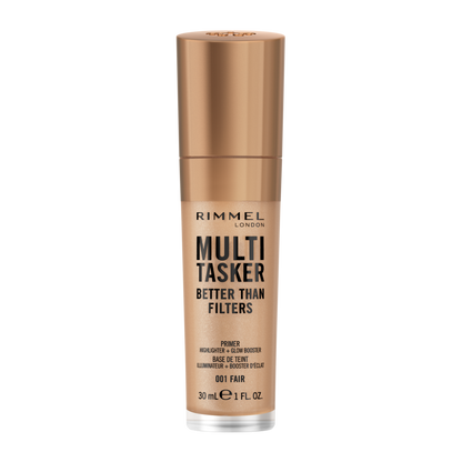 Rimmel Multi-Tasker Better Than Filters, 001 Fair, Primer Viso, Glow Booster e Illuminante, Formula Vegana, Leggera, Antietà, con Pigmenti che Riflettono la Luce, Maxi Applicatore Soft-Touch, 30ml (1oz)