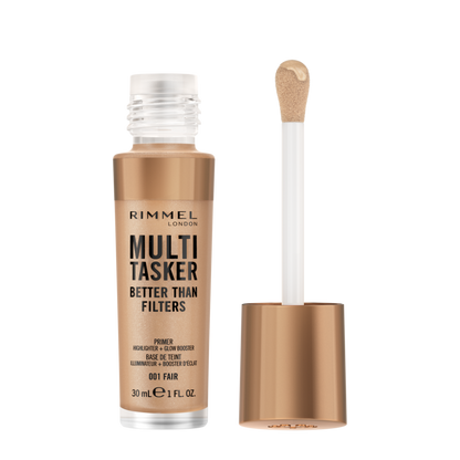 Rimmel Multi-Tasker Better Than Filters, 001 Fair, Primer Viso, Glow Booster e Illuminante, Formula Vegana, Leggera, Antietà, con Pigmenti che Riflettono la Luce, Maxi Applicatore Soft-Touch, 30ml (1oz)
