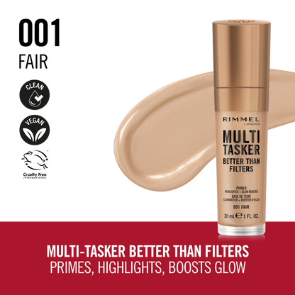 Rimmel Multi-Tasker Better Than Filters, 001 Fair, Primer Viso, Glow Booster e Illuminante, Formula Vegana, Leggera, Antietà, con Pigmenti che Riflettono la Luce, Maxi Applicatore Soft-Touch, 30ml (1oz)