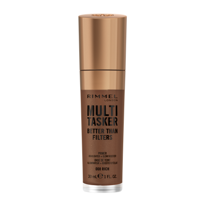 Rimmel Multi-Tasker Better Than Filters, 008 Rich, Primer Viso, Glow Booster e Illuminante, Formula Vegana, Leggera, Antietà, con Pigmenti che Riflettono la Luce, Maxi Applicatore Soft-Touch, 30ml (1oz)