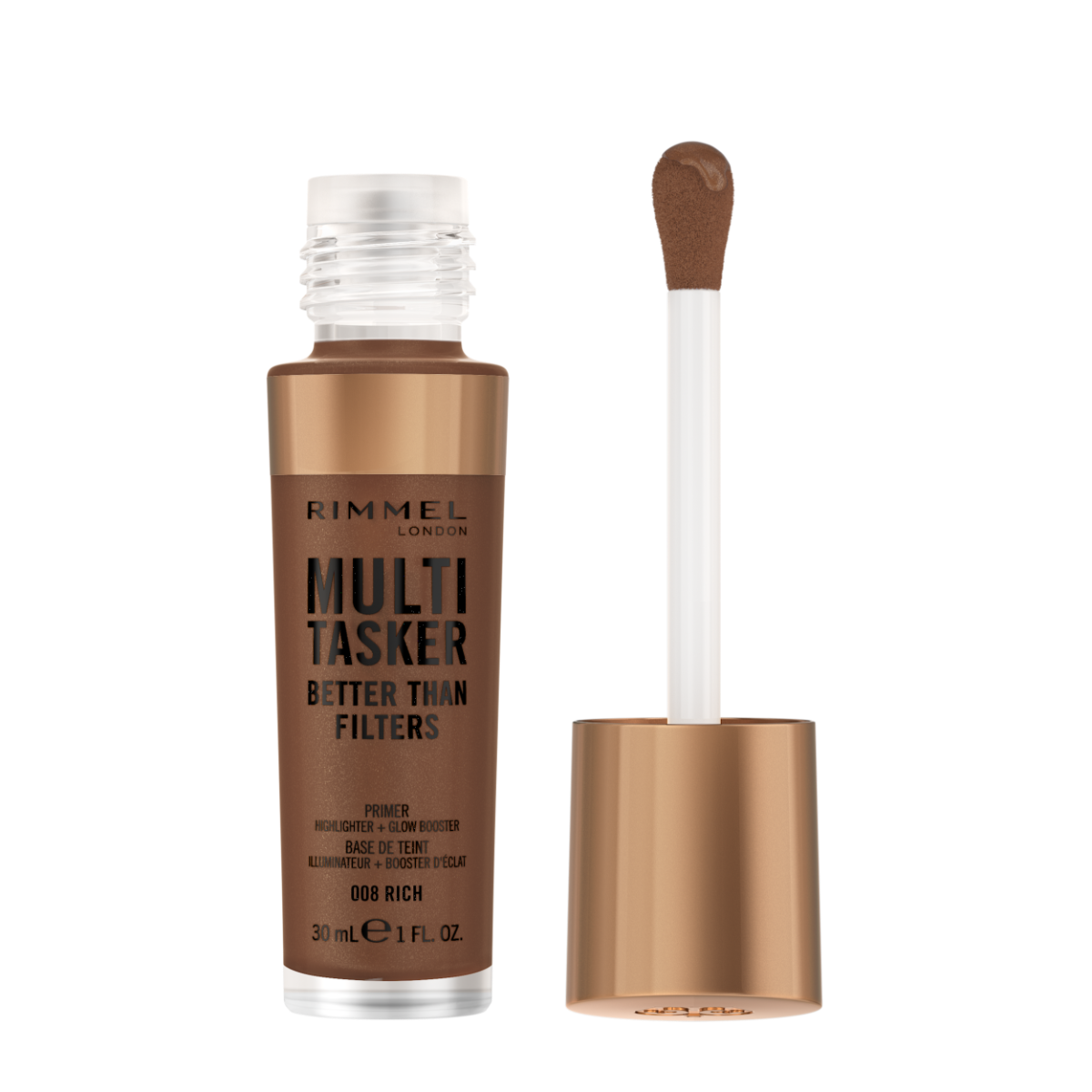Rimmel Multi-Tasker Better Than Filters, 008 Rich, Primer Viso, Glow Booster e Illuminante, Formula Vegana, Leggera, Antietà, con Pigmenti che Riflettono la Luce, Maxi Applicatore Soft-Touch, 30ml (1oz)