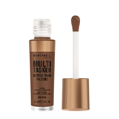 Rimmel Multi-Tasker Better Than Filters, 008 Rich, Primer Viso, Glow Booster e Illuminante, Formula Vegana, Leggera, Antietà, con Pigmenti che Riflettono la Luce, Maxi Applicatore Soft-Touch, 30ml (1oz)