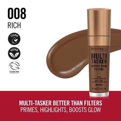 Rimmel Multi-Tasker Better Than Filters, 008 Rich, Primer Viso, Glow Booster e Illuminante, Formula Vegana, Leggera, Antietà, con Pigmenti che Riflettono la Luce, Maxi Applicatore Soft-Touch, 30ml (1oz)