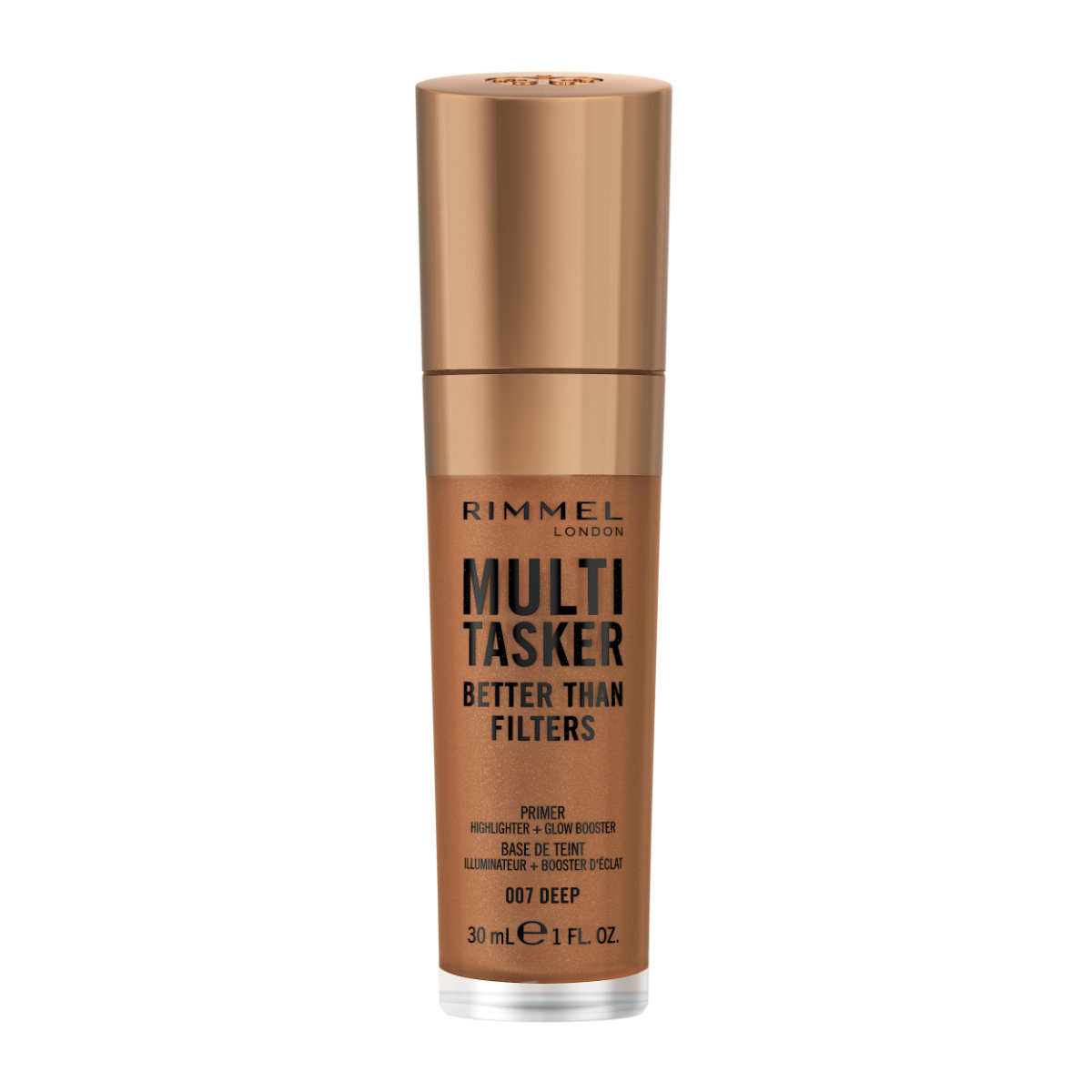 Rimmel Multi-Tasker Better Than Filters, 007 Deep, Primer Viso, Glow Booster e Illuminante, Formula Vegana, Leggera, Antietà, con Pigmenti che Riflettono la Luce, Maxi Applicatore Soft-Touch, 30ml (1oz)