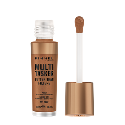 Rimmel Multi-Tasker Better Than Filters, 007 Deep, Primer Viso, Glow Booster e Illuminante, Formula Vegana, Leggera, Antietà, con Pigmenti che Riflettono la Luce, Maxi Applicatore Soft-Touch, 30ml (1oz)