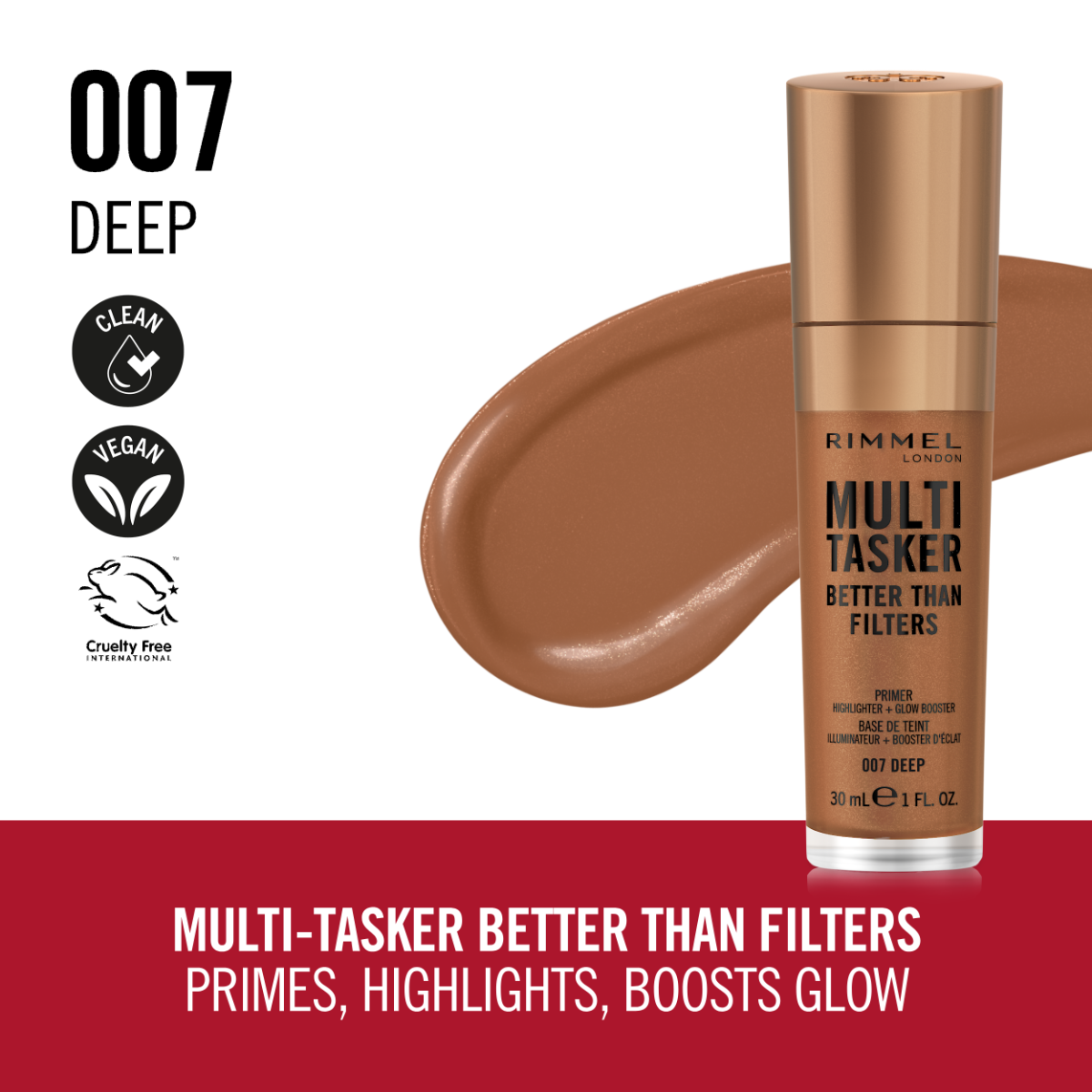 Rimmel Multi-Tasker Better Than Filters, 007 Deep, Primer Viso, Glow Booster e Illuminante, Formula Vegana, Leggera, Antietà, con Pigmenti che Riflettono la Luce, Maxi Applicatore Soft-Touch, 30ml (1oz)