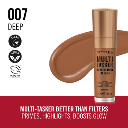 Rimmel Multi-Tasker Better Than Filters, 007 Deep, Primer Viso, Glow Booster e Illuminante, Formula Vegana, Leggera, Antietà, con Pigmenti che Riflettono la Luce, Maxi Applicatore Soft-Touch, 30ml (1oz)