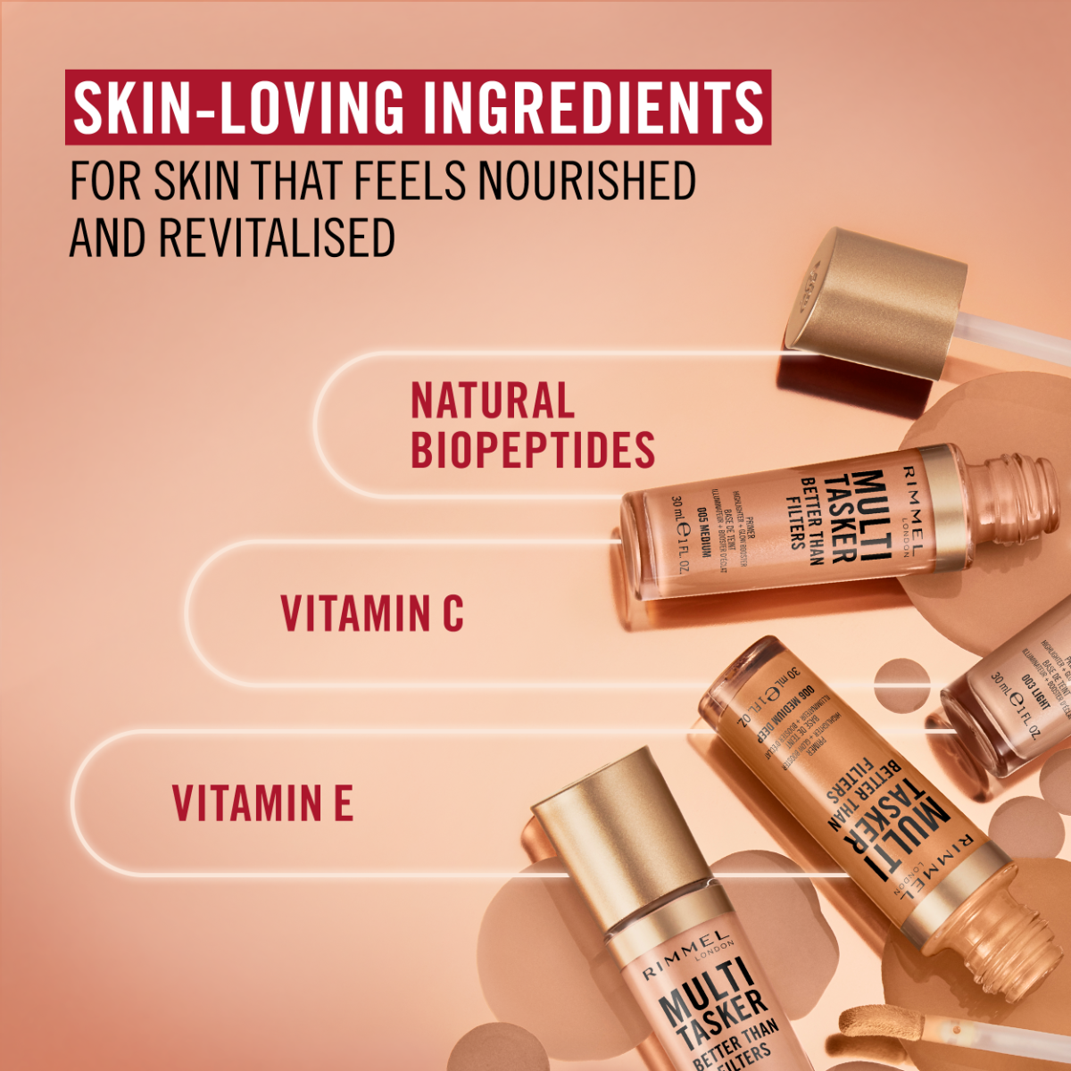 Rimmel Multi-Tasker Better Than Filters, 007 Deep, Primer Viso, Glow Booster e Illuminante, Formula Vegana, Leggera, Antietà, con Pigmenti che Riflettono la Luce, Maxi Applicatore Soft-Touch, 30ml (1oz)