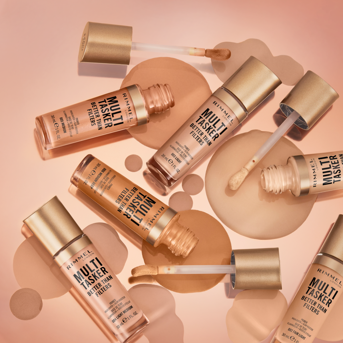 Rimmel Multi-Tasker Better Than Filters, 007 Deep, Primer Viso, Glow Booster e Illuminante, Formula Vegana, Leggera, Antietà, con Pigmenti che Riflettono la Luce, Maxi Applicatore Soft-Touch, 30ml (1oz)