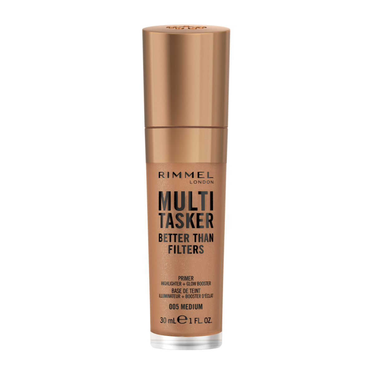 Rimmel Multi-Tasker Better Than Filters, 005 Medium, Primer Viso, Glow Booster e Illuminante, Formula Vegana, Leggera, Antietà, con Pigmenti che Riflettono la Luce, Maxi Applicatore Soft-Touch, 30ml (1oz)
