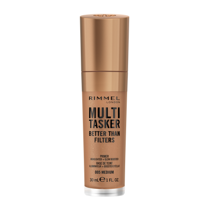 Rimmel Multi-Tasker Better Than Filters, 005 Medium, Primer Viso, Glow Booster e Illuminante, Formula Vegana, Leggera, Antietà, con Pigmenti che Riflettono la Luce, Maxi Applicatore Soft-Touch, 30ml (1oz)