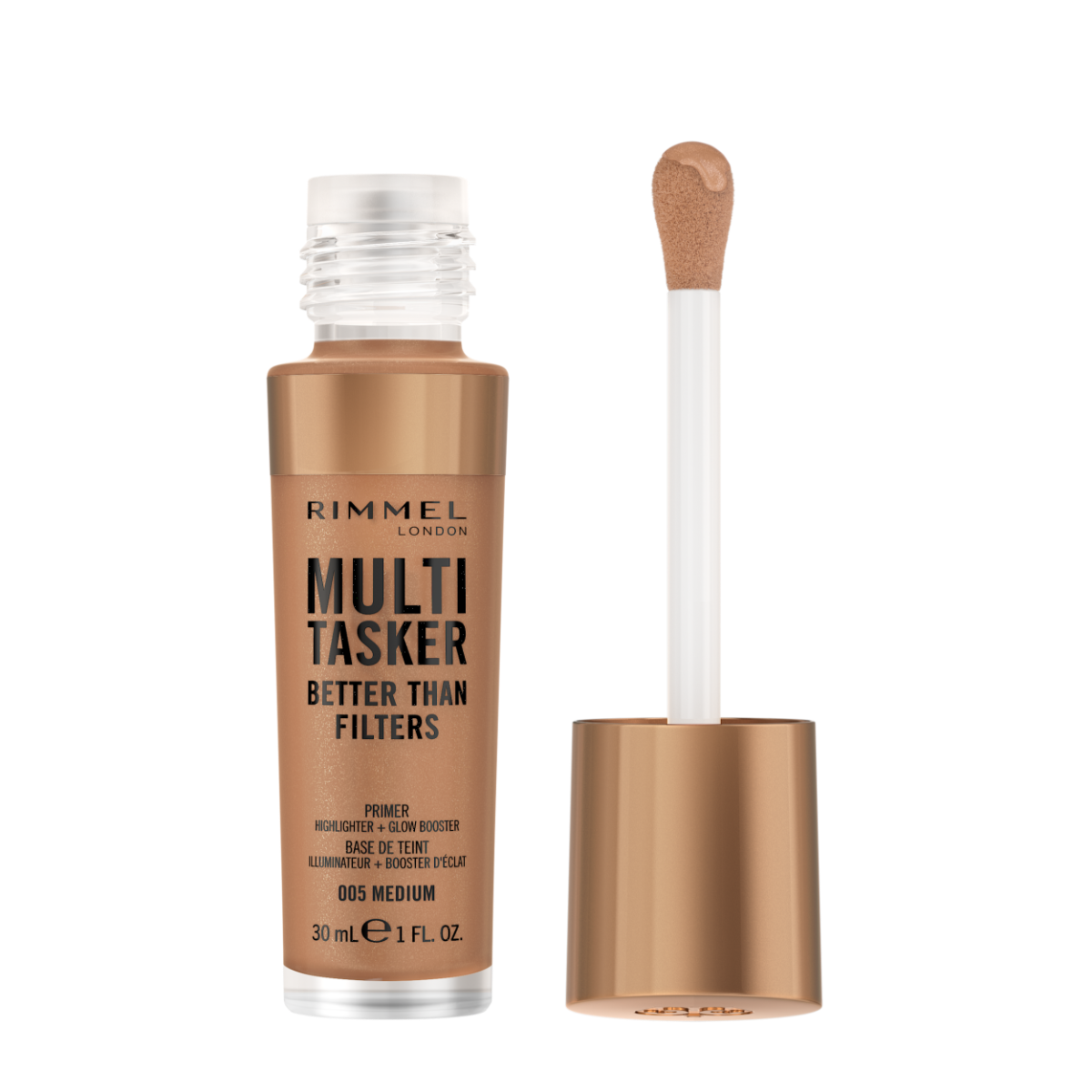 Rimmel Multi-Tasker Better Than Filters, 005 Medium, Primer Viso, Glow Booster e Illuminante, Formula Vegana, Leggera, Antietà, con Pigmenti che Riflettono la Luce, Maxi Applicatore Soft-Touch, 30ml (1oz)