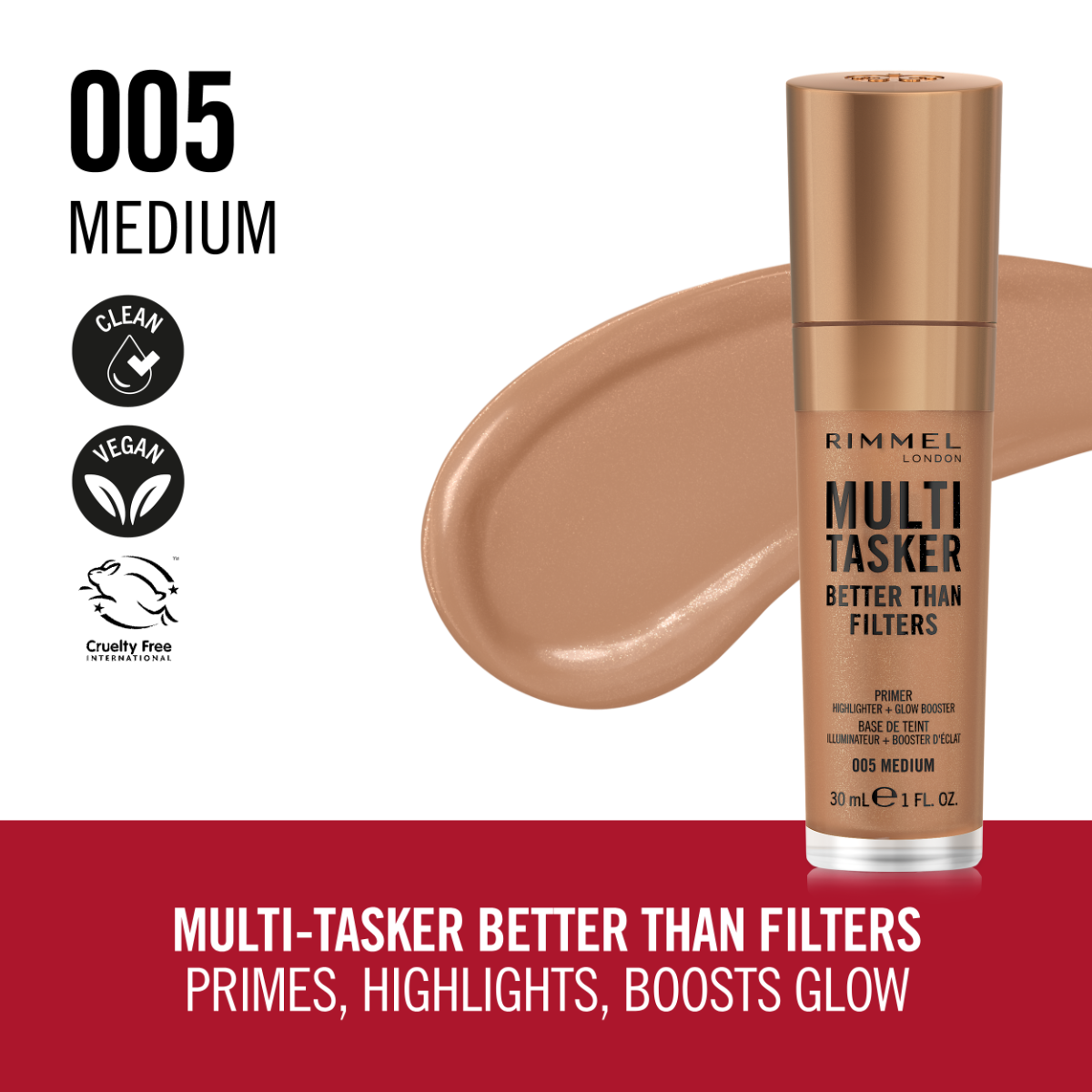 Rimmel Multi-Tasker Better Than Filters, 005 Medium, Primer Viso, Glow Booster e Illuminante, Formula Vegana, Leggera, Antietà, con Pigmenti che Riflettono la Luce, Maxi Applicatore Soft-Touch, 30ml (1oz)